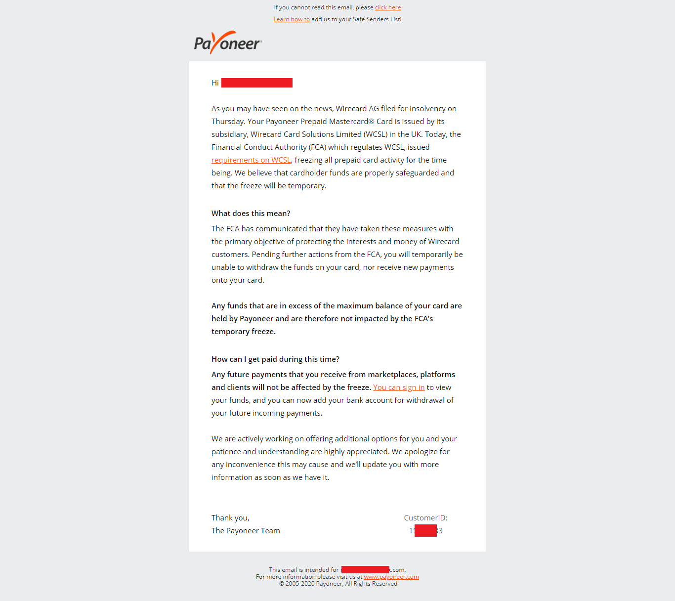 Payoneer email regarding Wirecard insolvency scandal