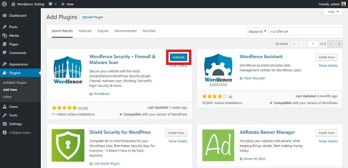 Activate wordfence plugin