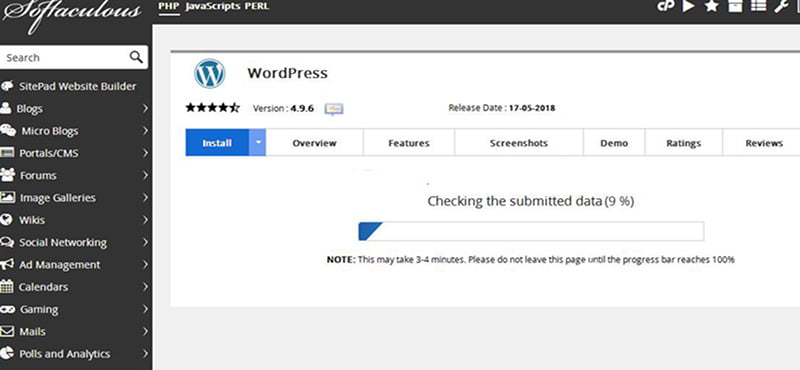 Installation progress of the WordPress CMS