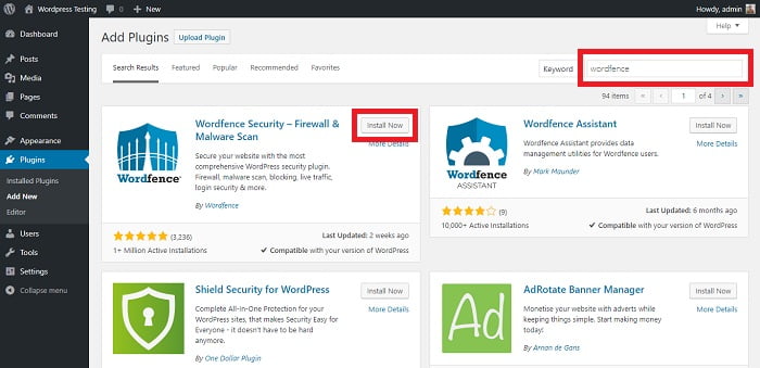 Search and install wordfence plugin