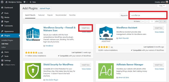 Search and install wordfence plugin