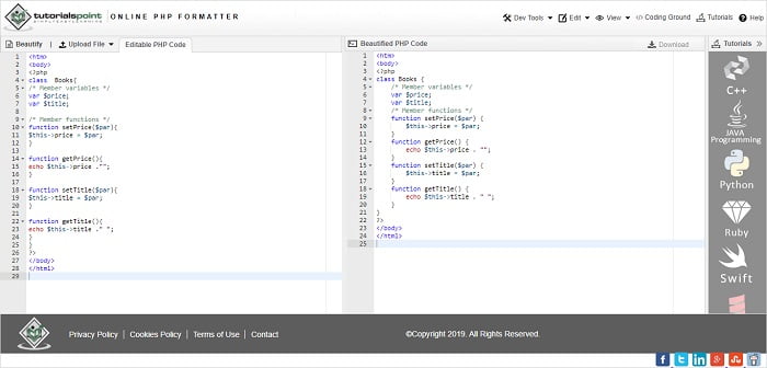 Online PHP Formatter by TutorialsPoint