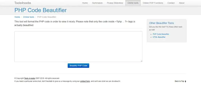 PHP Code Beautifier by Tools4noobs