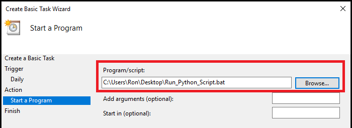 select the batch file for Windows Task Scheduler select the batch file for Windows Task Scheduler