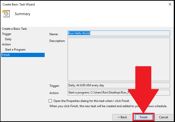 Finish creating Windows Task Scheduler