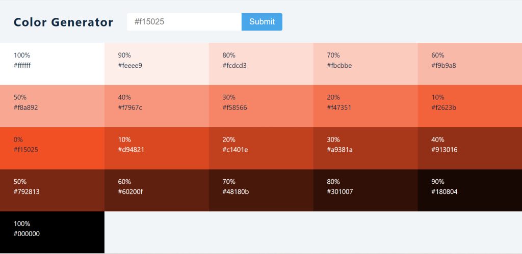 Hex Color/Shades Generator of Given Color Using JavaScript values.js React