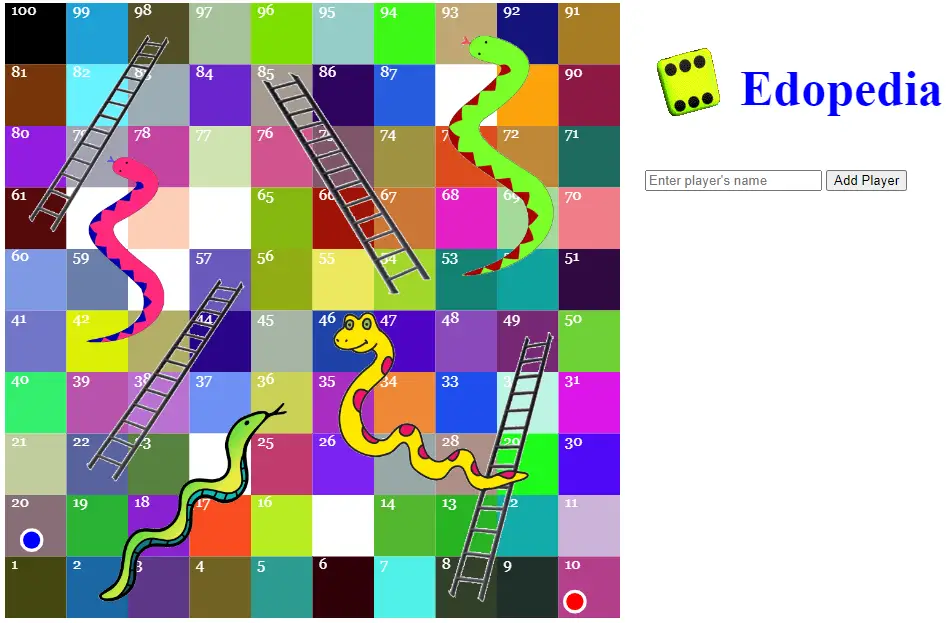 JavaScript Snakes and Ladders Game Screenshot