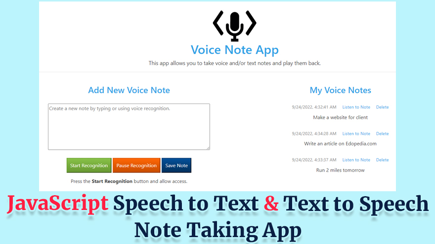 How to Make JavaScript Speech to Text and Text to Speech Note Taking App - Full Source Code