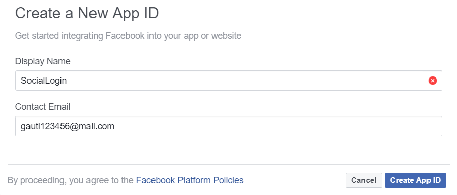 create new app ID - Facebook developers