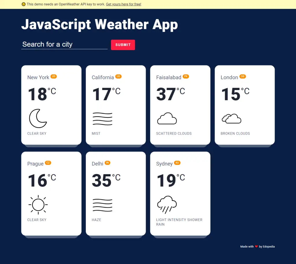 JavaScript Weather App Screenshot