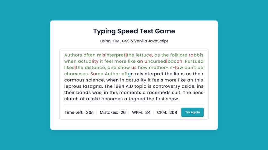 Build a Typing Speed Test Game in HTML5, CSS3 & JavaScript