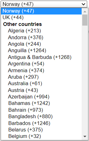 HTML5 select dropdown countries with phone codes