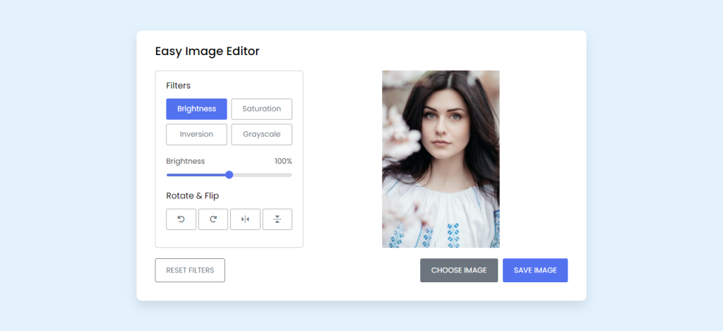 JavaScript Image Editor - Filters (brightness, saturation, inversion, grayscale), Rotate & Flip